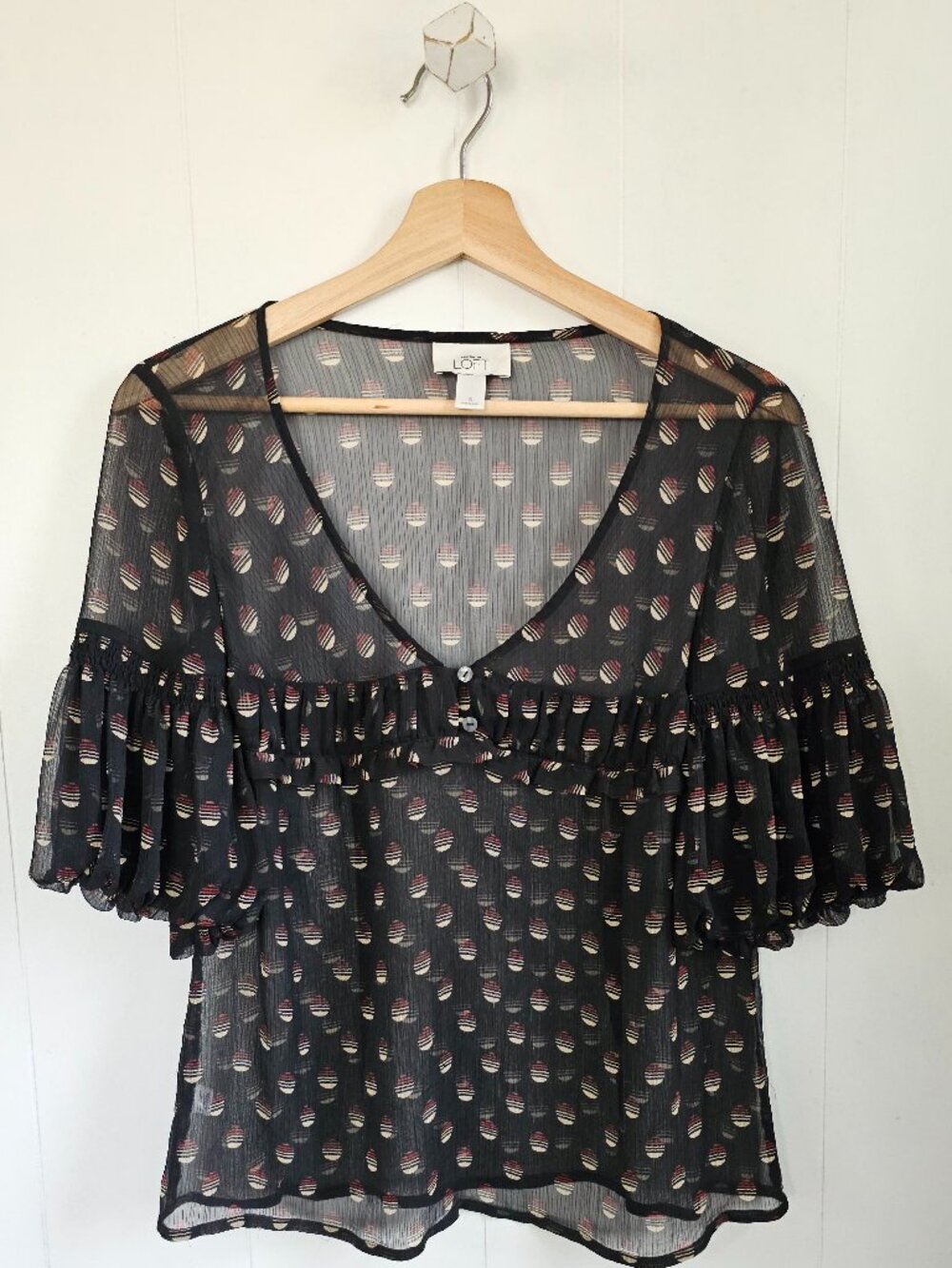 LOFT Black Sheer Dot-Print V-Neck Blouse